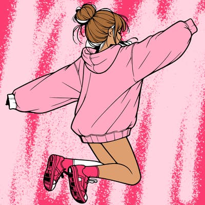 realistic girl jumping with a bun and oversized sweatshirt