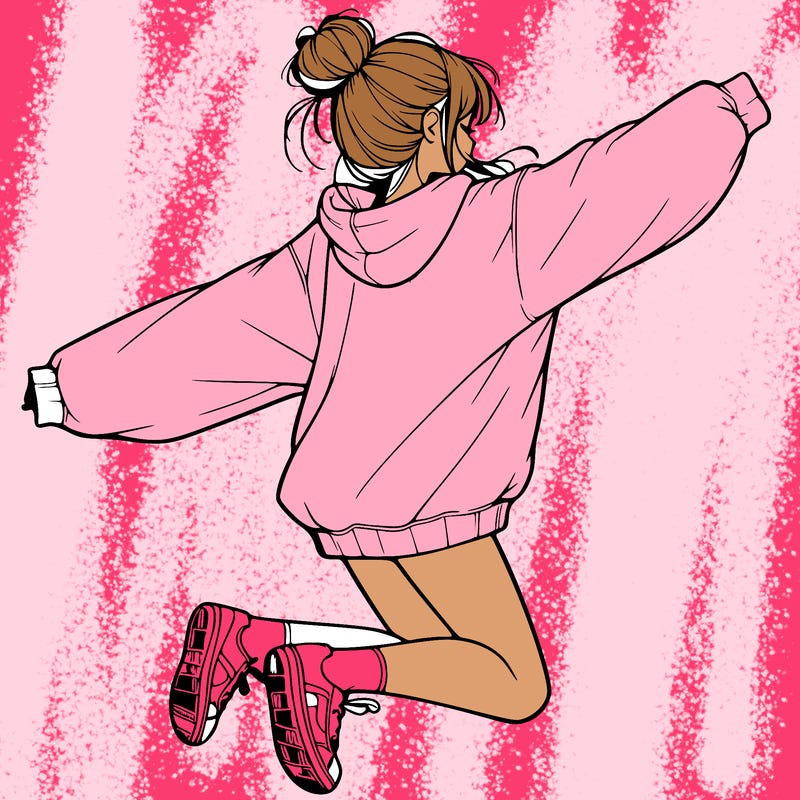 realistic girl jumping with a bun and oversized sweatshirt