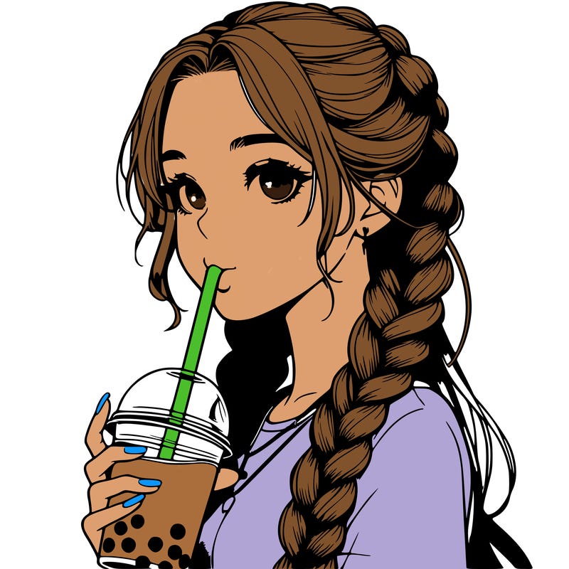realistic girl with braided hair drinking boba