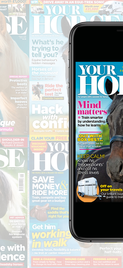 Your Horse - Smartphone displaying the Your Horse digital magazine cover with equestrian training and horse care tips