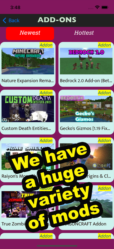 Morph Mod Addons for Minecraft - A list of various Minecraft addons and mods in the app interface
