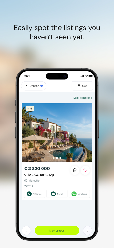 Green-Acres - Smartphone-Bildschirm zeigt eine Luxusvillen-Anzeige in Marseille in der Green-Acres Immobilien-App