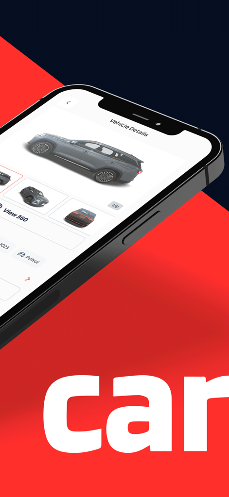 Smartphone displaying vehicle details and 360 view in the Carly used car app