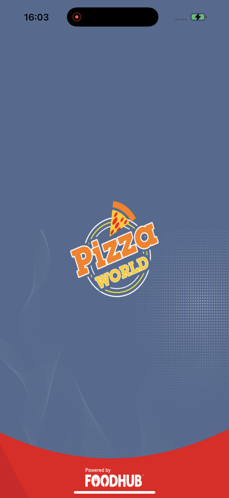 Pizza World. - Pantalla de inicio de la aplicación móvil Pizza World con el logo y el pie de página Powered by Foodhub