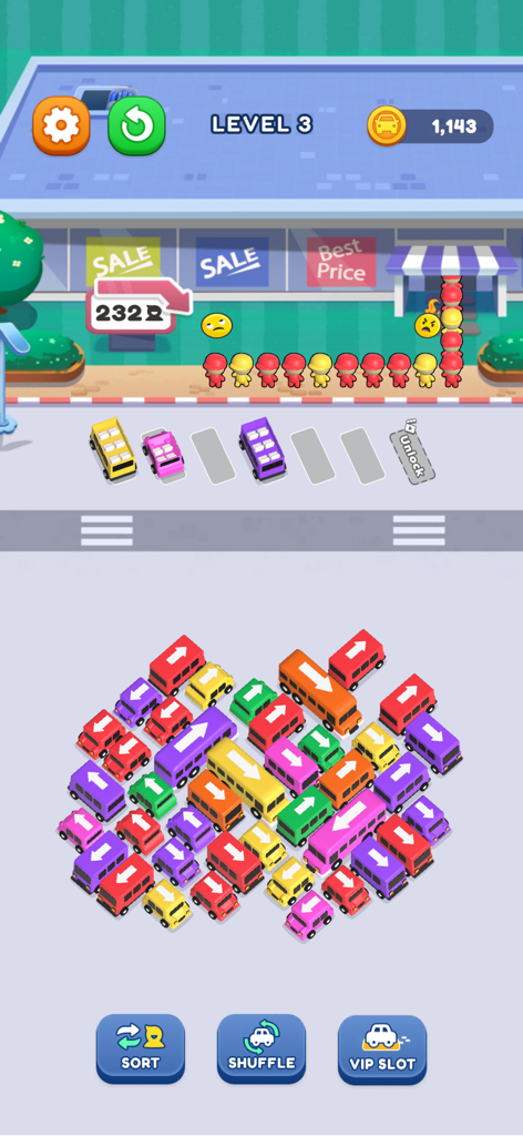 Una colorida pantalla de juego móvil que muestra un puzzle de atasco de tráfico con varios autobuses y pasajeros de colores esperando en una estación.