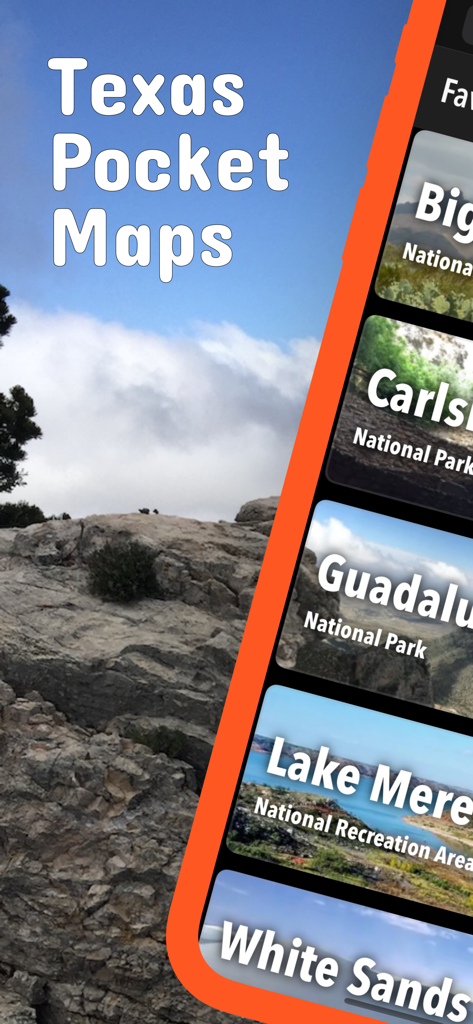 Texas Pocket Maps - Texas Pocket Maps app showing national park listings for Big Bend and Guadalupe Mountains