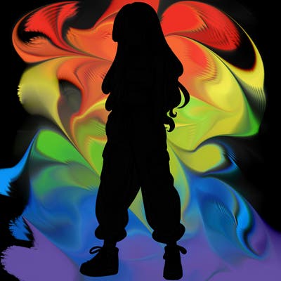 girl in baggy pants crop top and long hair