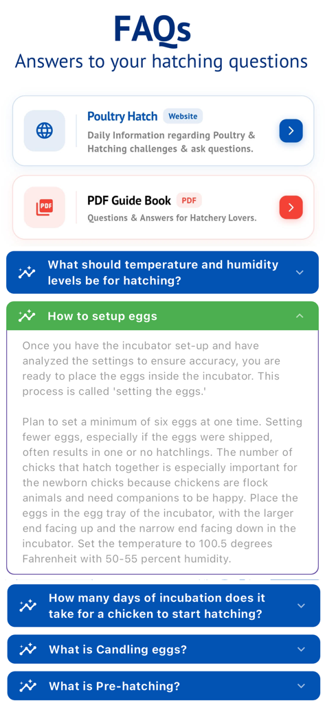 Egg Incubator & Hatch Manager - FAQ screen of the Egg Incubator app showing detailed guides and instructions for hatching eggs