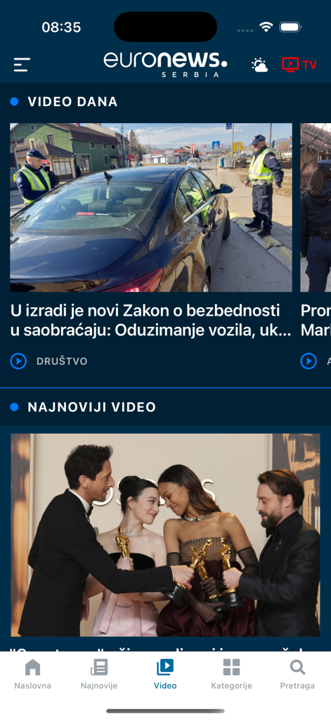 Fil vidéo de l'application Euronews Serbie affichant les nouvelles quotidiennes et les derniers reportages vidéo.