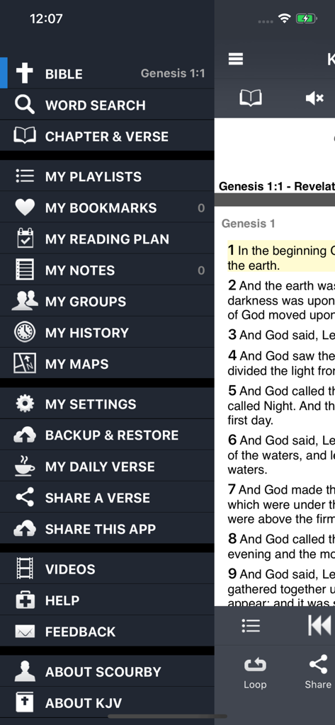 Scourby YouBible - A screenshot of the Scourby YouBible app interface showing the side navigation menu and the King James Version text of Genesis 1.