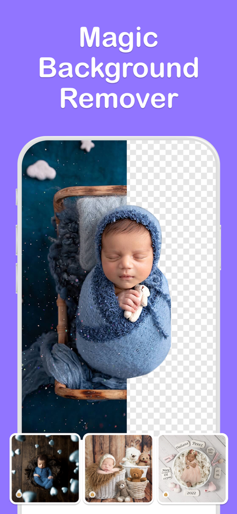Tiny Peanut: Baby Photo Editor - Tiny Peanut app interface showing AI background removal for a newborn photo