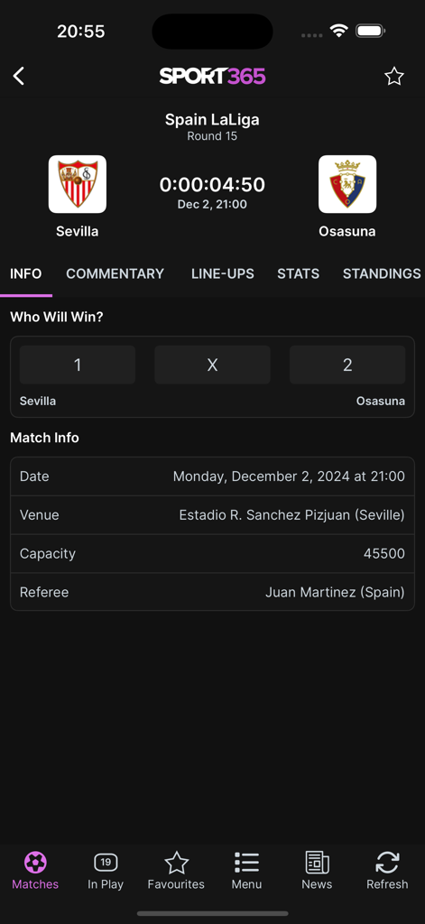 Sport365 app interface showing match details for a Sevilla versus Osasuna LaLiga game.