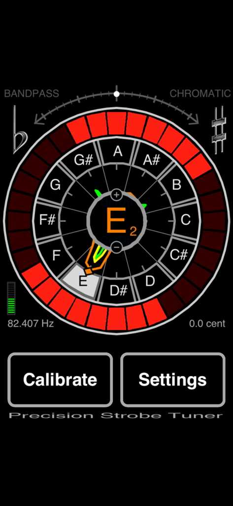 Pantalla de la aplicación Precision Strobe Tuner mostrando la afinación de la nota Mi2 con datos de estroboscopio y frecuencia