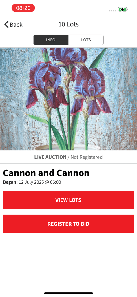 Cannons Auctioneers app interface showing a live auction for a floral painting with registration and lot viewing buttons