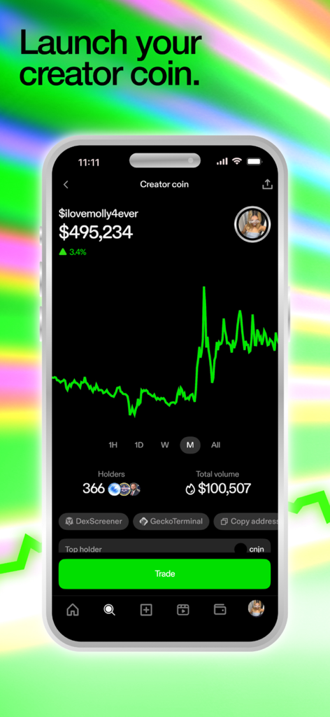 Zora: Post, Trade, Earn Crypto - Zora app screen showing a creator coin price chart and trading options