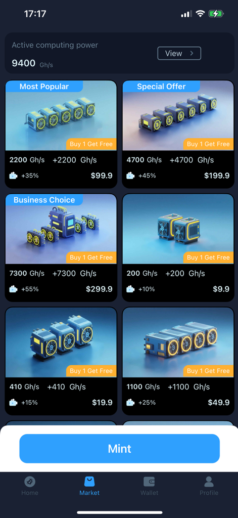 Écran du marché montrant les forfaits de puissance de cloud mining avec des taux de hachage et des options de prix.