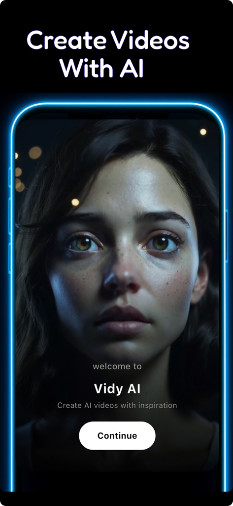 Welcome screen of Vidy AI video generator app with a cinematic AI portrait