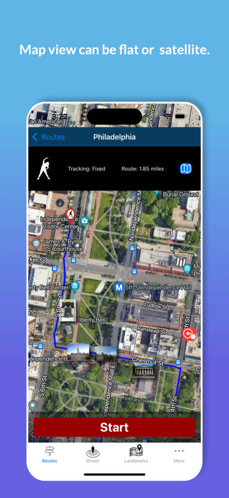 Remote Walk: Virtual Walking - Satellite map view of a virtual walking route in Philadelphia with landmark icons.