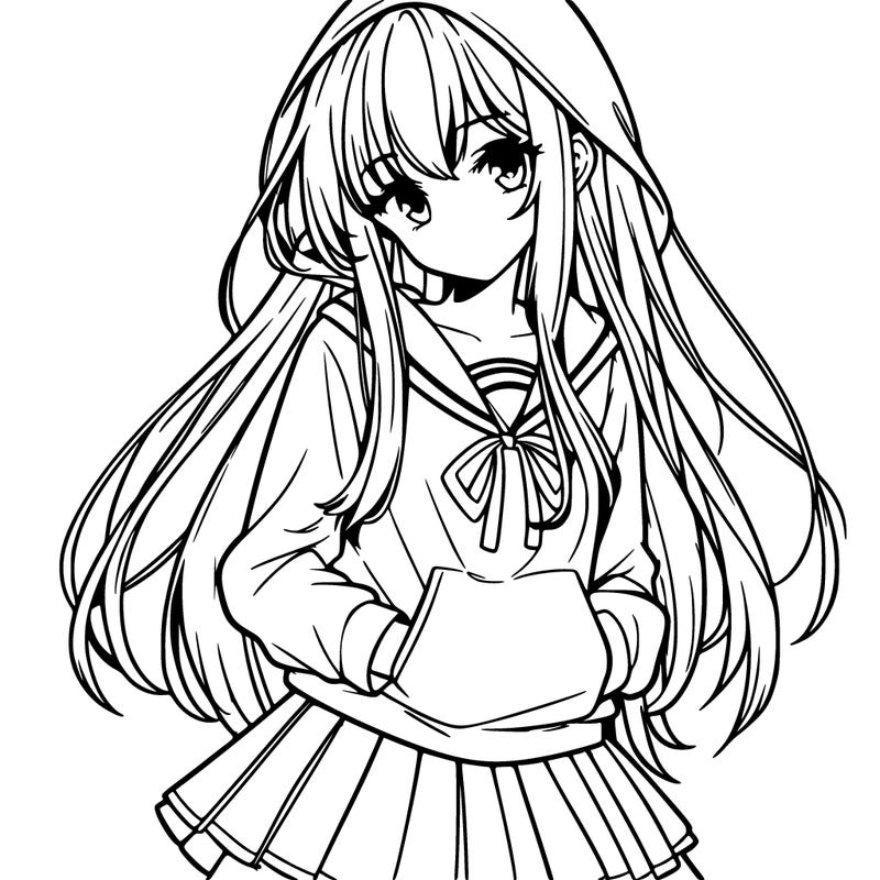 anime woman with long hair and bangs wearing hoodie and skirt