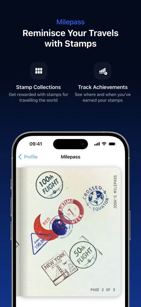 Track Live Flights - Mileways - The Mileways app Milepass screen displaying a digital passport with collectible flight stamps and travel achievements