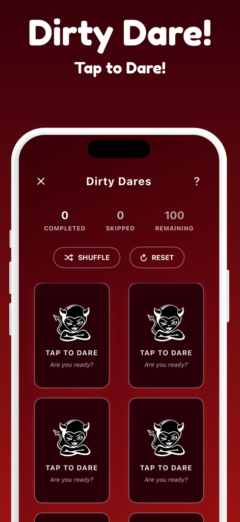 Dirty Questions - Exposed game - A mobile screen displaying the dirty dares interface with interactive cards and game stats