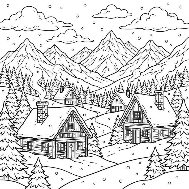 Step into a charming winter landscape with this delightful coloring page featuring picturesque mountain cottages blanketed in fresh snow. Immerse yourself in the serene beauty of a snowy forest, complete with towering peaks and a peaceful atmosphere, ready for your artistic touch.