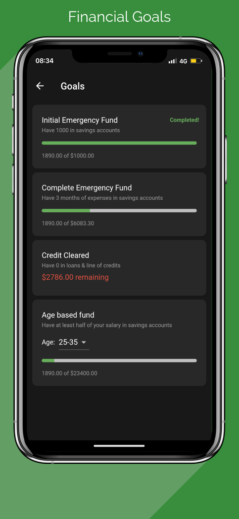 Miza: Budget & Expense Tracker - Miza app screen showing progress bars for financial goals like emergency funds and debt clearing