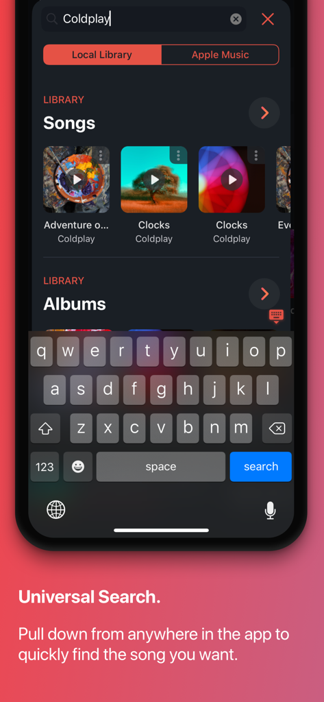 Interfaccia di ricerca universale dell'app del lettore musicale Soor su iOS con tema scuro