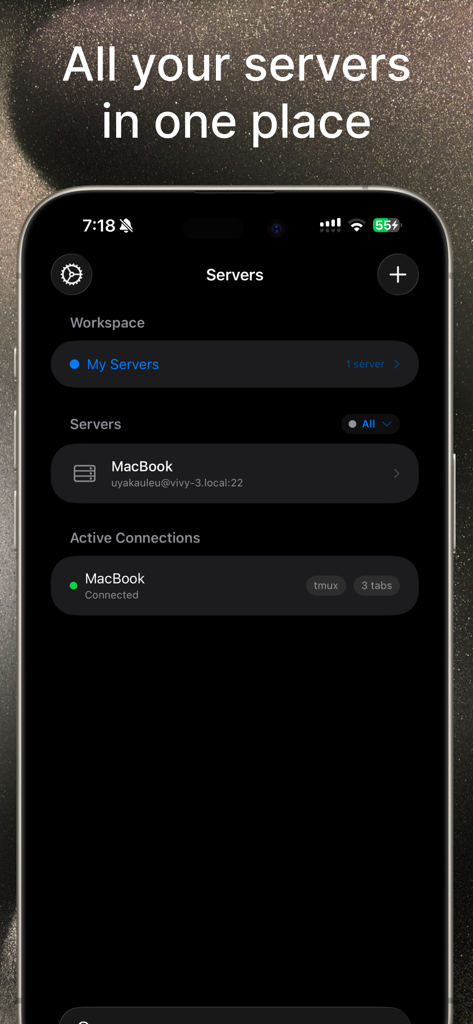 VVTerm - Tableau de bord de l'application mobile VVTerm montrant une liste de serveurs SSH et de connexions actives avec prise en charge de tmux