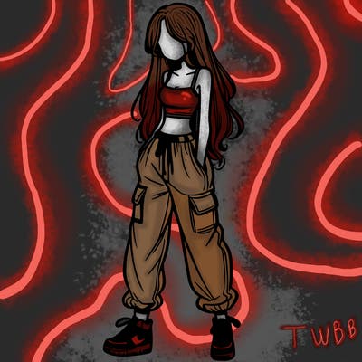 girl in baggy pants crop top and long hair