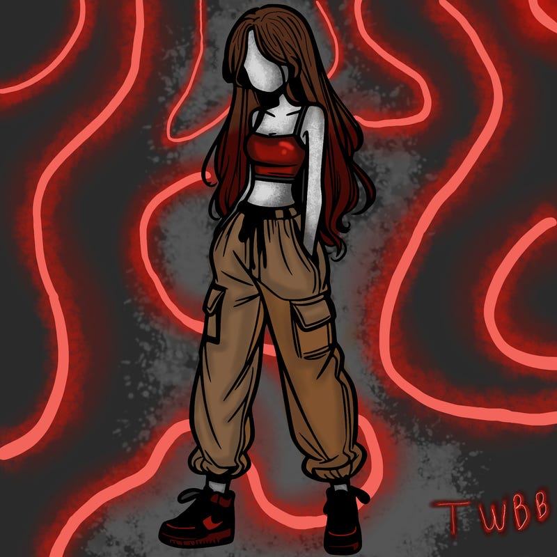 girl in baggy pants crop top and long hair