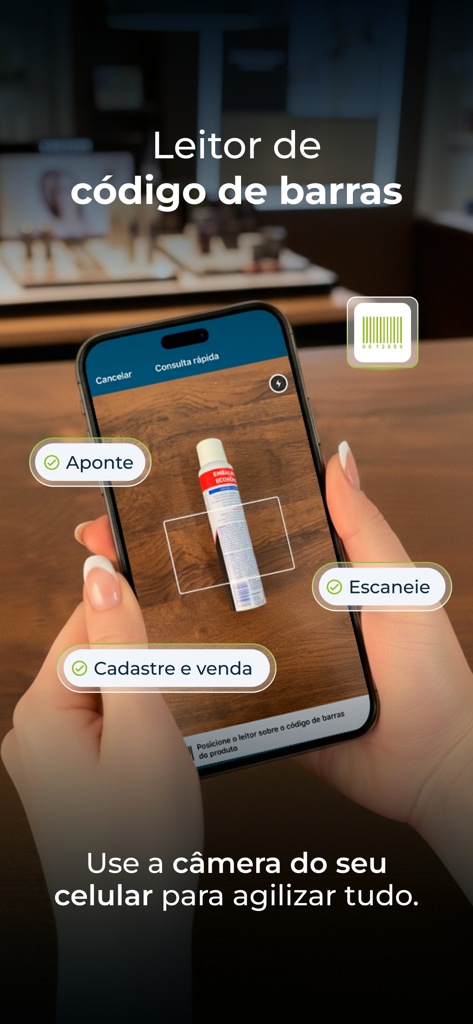 A person using a smartphone with the VHSYS app to scan a product barcode for inventory and sales management