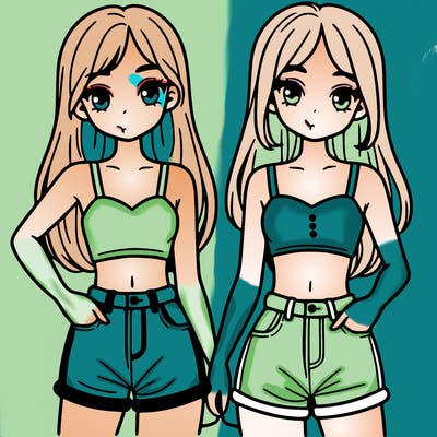 two sisters with crop tops and jean shorts and straight hair