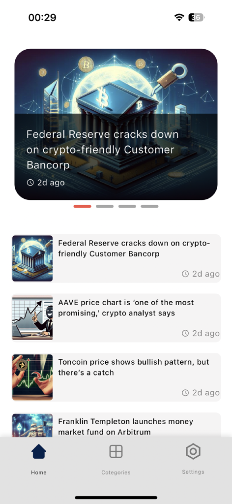 비트코인 뉴스 Ai 앱 홈 화면에는 암호화폐 뉴스와 AI 생성 삽화 피드가 표시됨