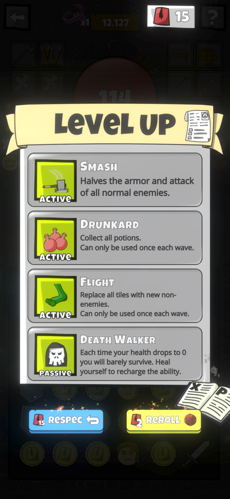 Troll Patrol - The level up menu in Troll Patrol showing four skill options like Smash and Death Walker for the player to choose from