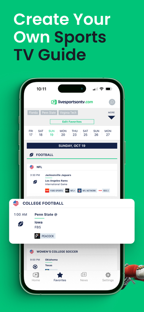 Livesportsontv.com: TV Guide - Pantalla de teléfono inteligente que muestra una guía deportiva personalizada con horarios y canales de partidos