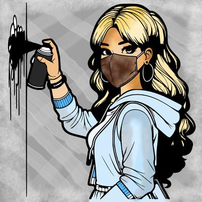 realistic girl with mask spray painting a wall