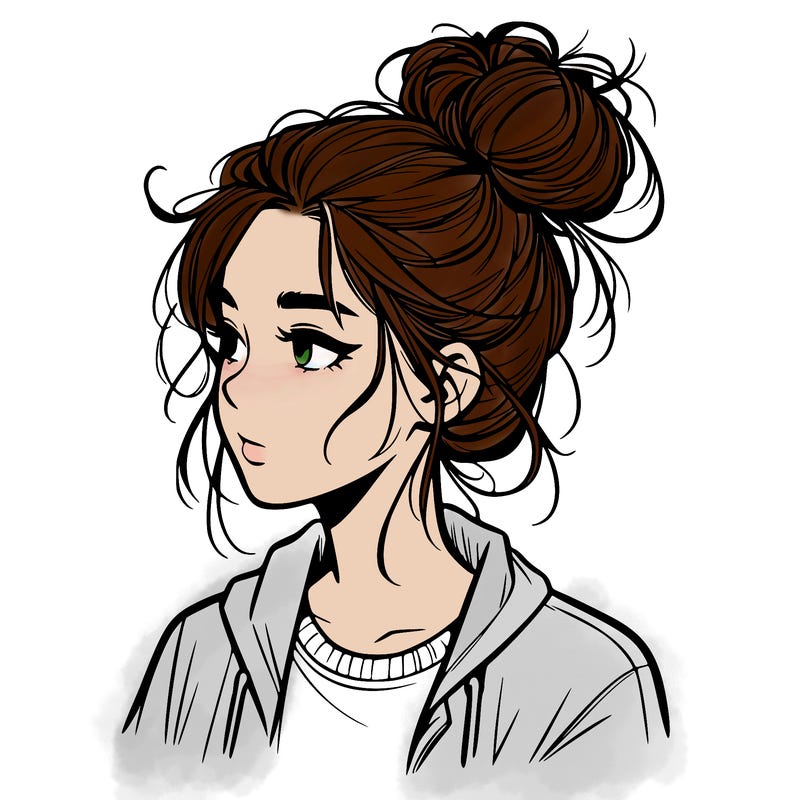 realistic teenage girl with a messy bun