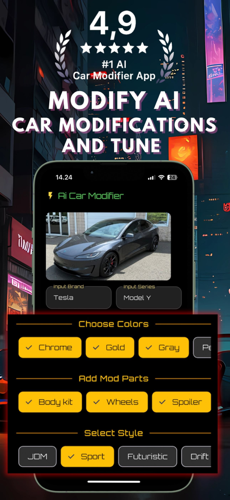 Modify Ai Car Designer & Tune - Modify Ai Car Designer app interface showing tuning options for a Tesla Model Y