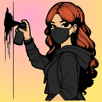 realistic girl with mask spray painting a wall