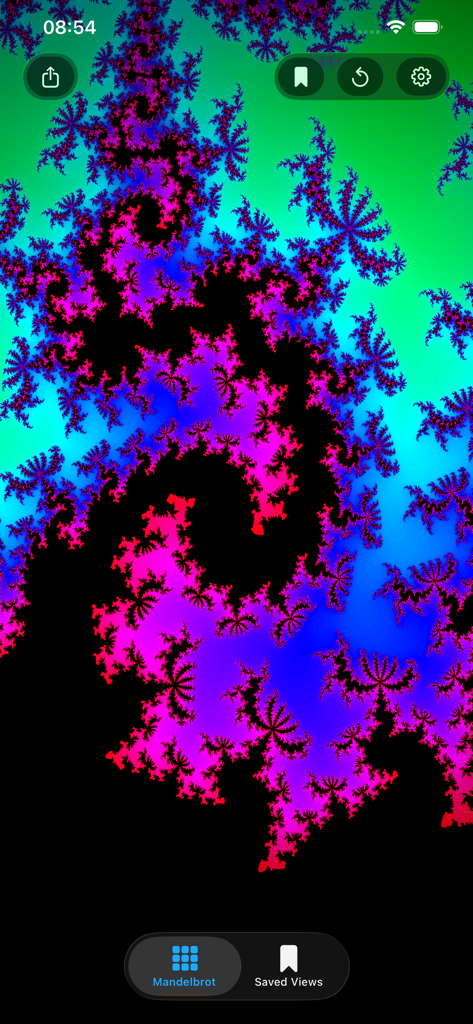 Mandel-Zoom - Vibrant neon Mandelbrot set fractal patterns on a black background