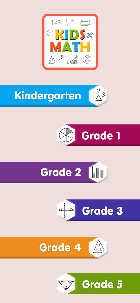 Smart Kidz Club math app grade selection screen for Kindergarten to Grade 5