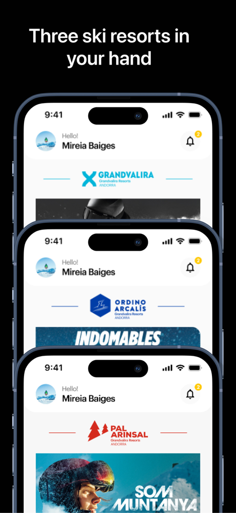 Grandvalira Resorts - Grandvalira Ordino Arcalis 및 Pal Arinsal 리조트 인터페이스를 보여주는 세 개의 스마트폰 화면