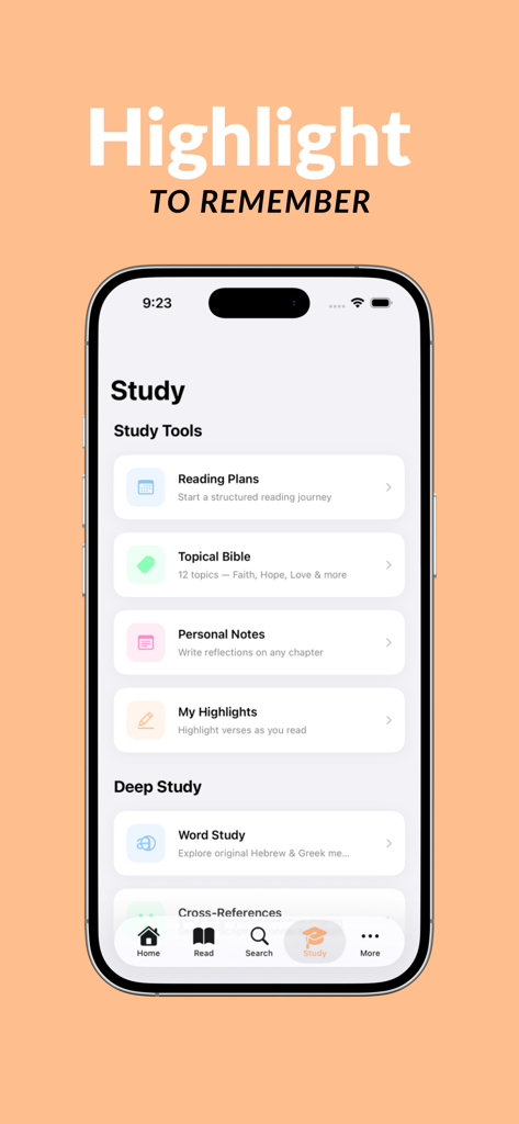 Bible App For Everyone - iPhone screen showing study tools like reading plans and highlights in the Bible App For Everyone