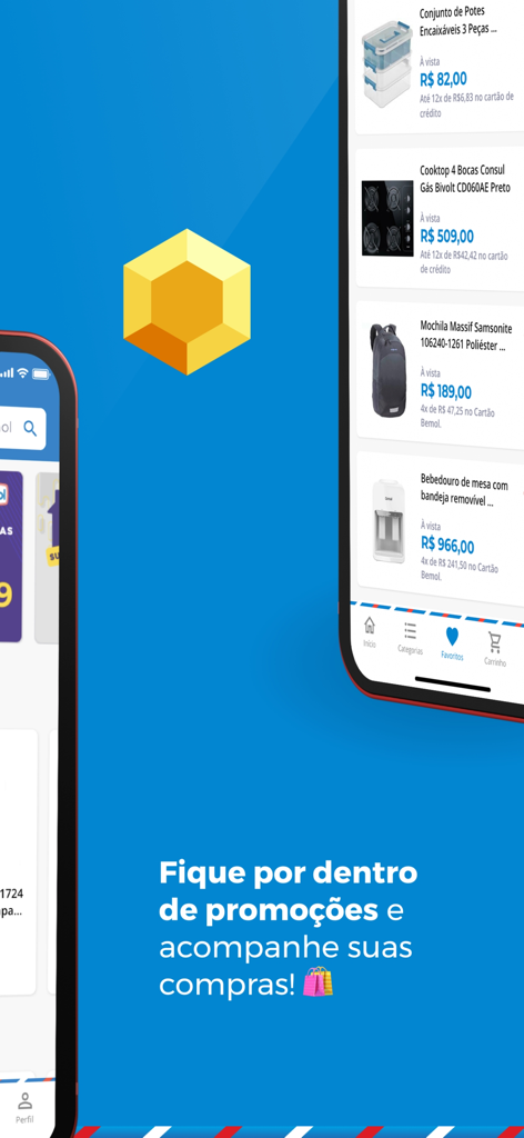Pantalla móvil de la app Bemol mostrando una lista de deseos de productos y un mensaje de seguimiento de promociones.