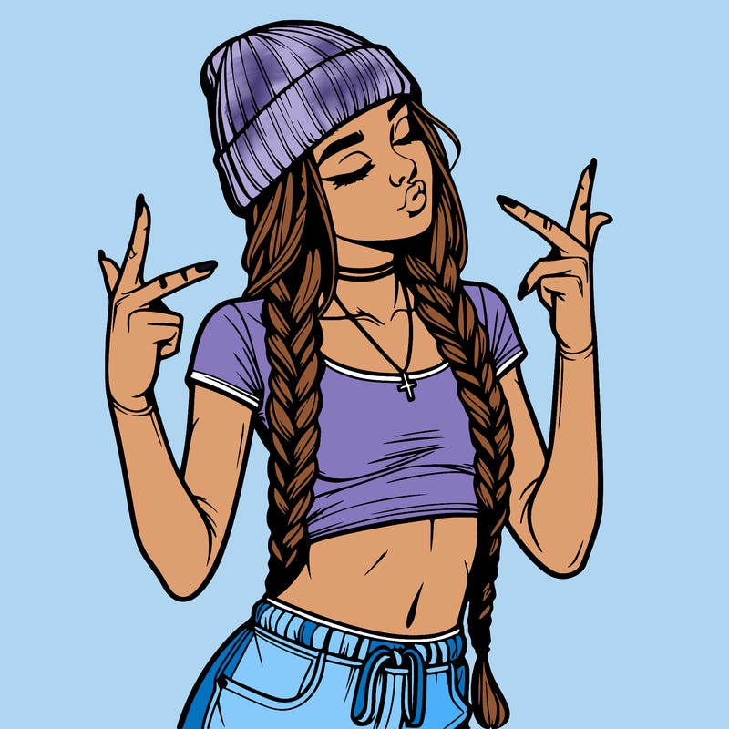 realistic teenage girl with braids and a beanie and crop top doing 🫶🏼