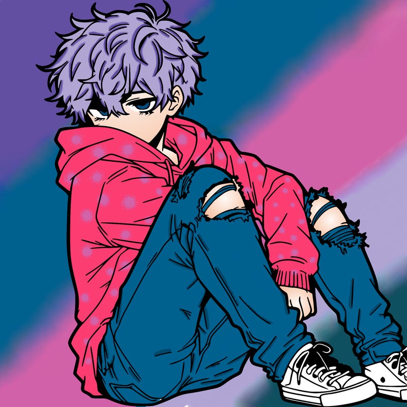 a male hoddie ripped jeans messy hair anime