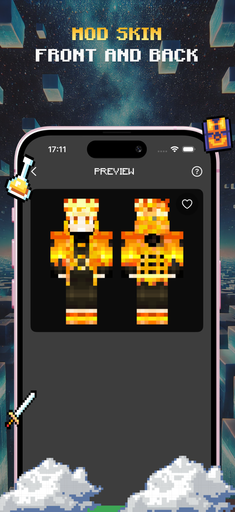 All Mods For Minecraft - Pantalla de una aplicación móvil que muestra una vista previa frontal y posterior de una skin de personaje dorado para Minecraft