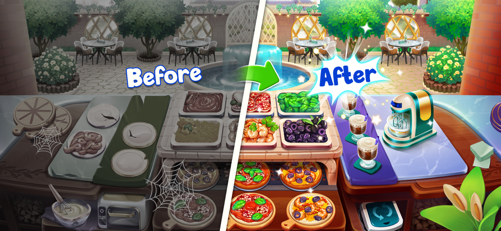 Chef Holiday 요리 게임의 레스토랑 주방 업그레이드 전후 비교 모습