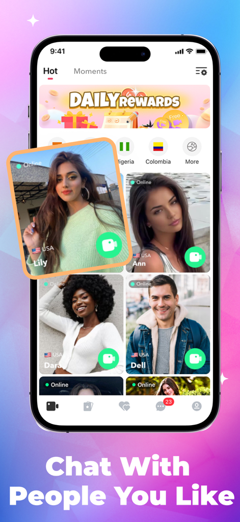 YOYO app screenshot showing online user profiles available for live video chat with the text Chat With People You Like